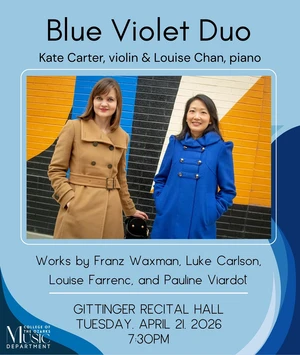 Guest artists Blue Violet Duo will perform Tuesday, April 21, in the Newman Recital Hall in the Gittinger Music Center at College of the Ozarks at 7:30 p.m.